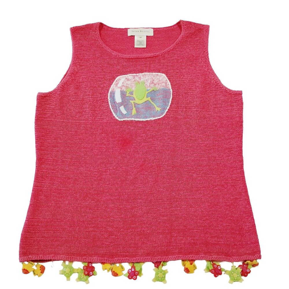 Susan Bristol Pink Sweater Vest Frogs Fish Fringe Women's M Turtles Colorful